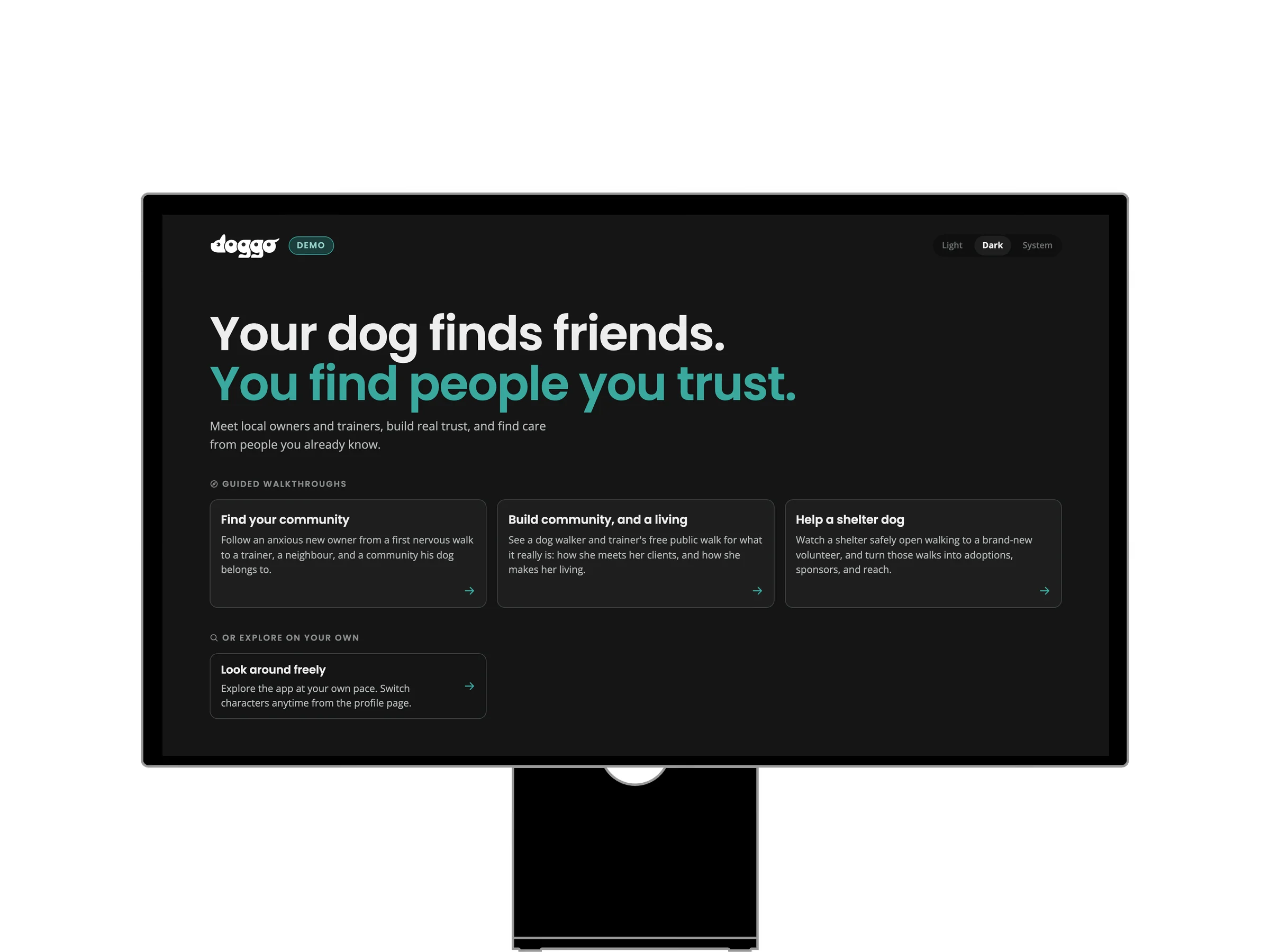 Studio Display mockup showing the Doggo demo landing page