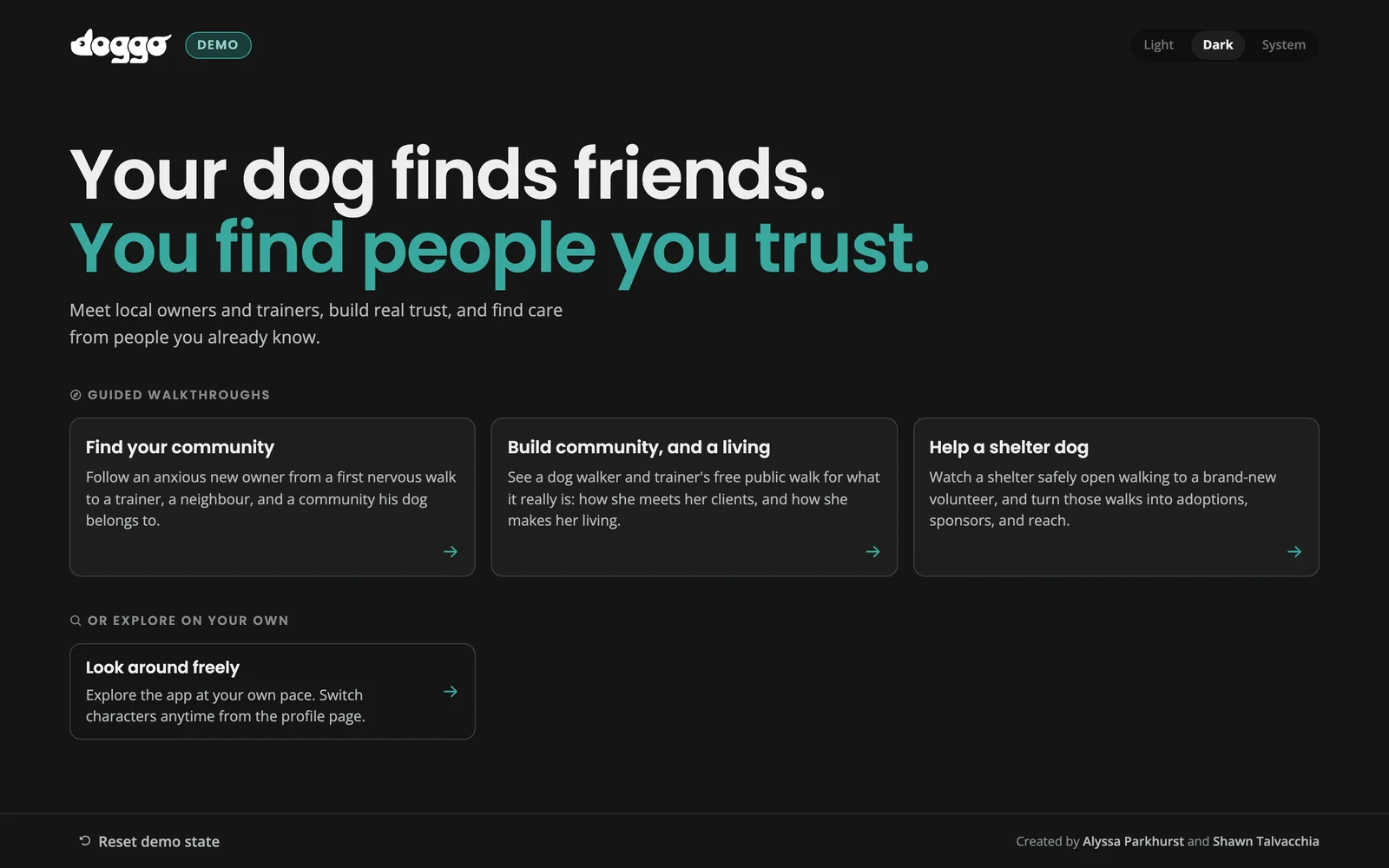 The Doggo demo launcher: three guided walkthrough doors, dark theme